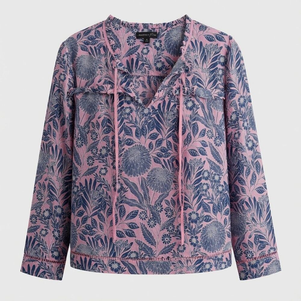 Abigail Borg x J.Crew Top Floral Cotton Silk Blnd Pink Blue Popover Preppy NWOT